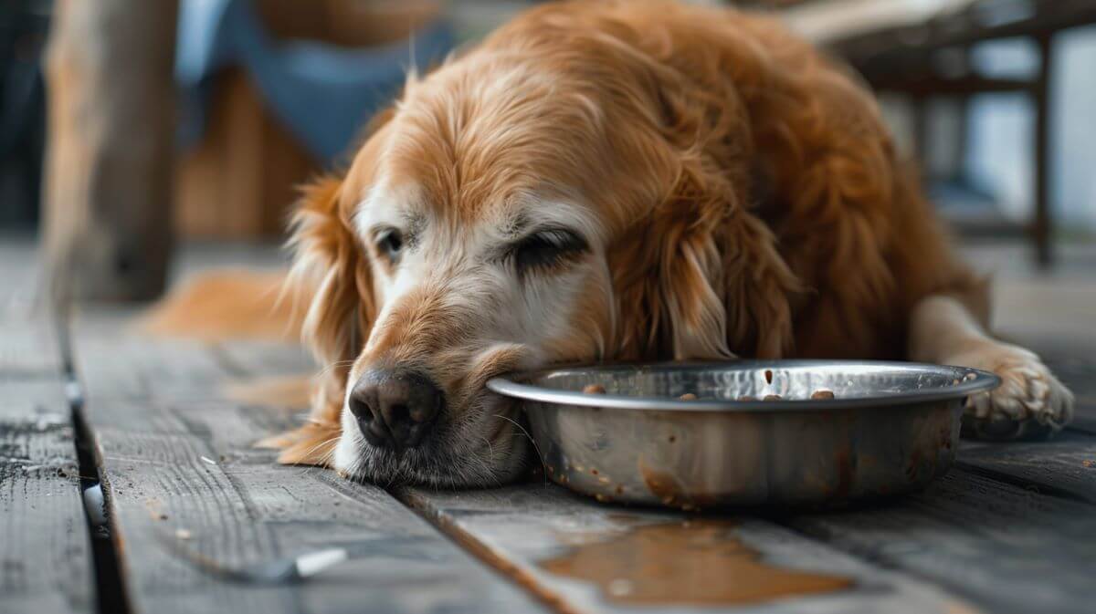 Older Dog eats its dinner