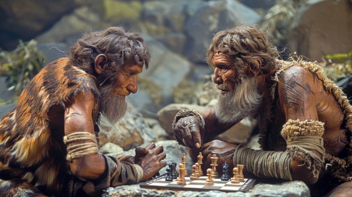 caveman tries to show friend how to play chess